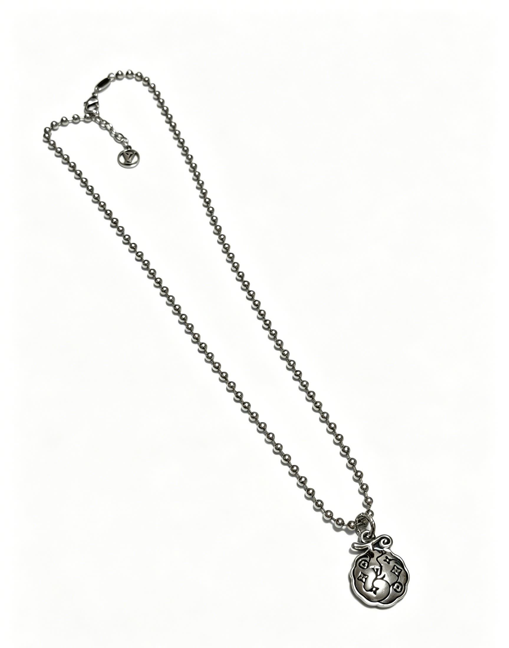 Louis Vuitton Silver Beaded Necklace with Round Pendant